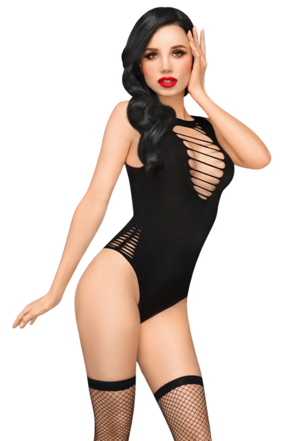 Czarne półprzezroczyste body fantazyjne głęboki dekolt paski między piersiami otwarty krok stringowy styl kolekcja Penthouse nylon elastan elastyczne