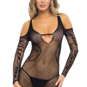 czarna siateczkowa mini sukienka erotyczna prześwitująca opadające ramiona długie rękawy odkryte plecy nadruk Ugryź mnie zadław mnie elastyczny nylon elastan