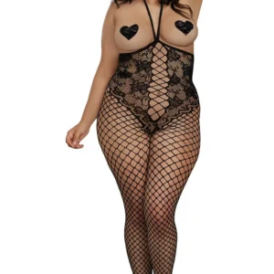 kombinezon duży rozmiar koronkowy body otwarte miseczki regulowane wiązania szyjne szerokie siateczkowe nogawki otwarty krok nylon elastan seksowny komfortowy elastyczny