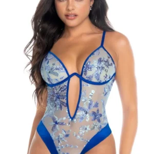 niebieskie body stringi siateczkowe haftowane cekinowe satynowe fiszbiny regulowane ramiączka brazylijskie cięcie regulacja zapięcie krokowe poliester elastan eleganckie