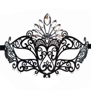 czarna sztywna maska wenecka Gemma kryształowa ozdobna elegancka luksusowa teatralna karnawałowa wieczorowa wiązania metalowa lekka komfortowa