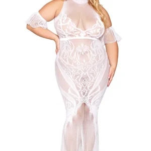 Biała Sukienka Bodystocking Duży Rozmiar Bezszwowa Koronkowa Unikatowy Wzór Siateczkowe Wstawki Szeroki Dekolt Luźne Odpinane Rękawy Bez Stringów Nylon Elastan