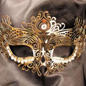 maska wenecka Ornella sztywna złota kryształkowa metalowa elegancka ozdobna wiązania luksusowa balowa wieczorowa karnawałowa teatralna stylowa