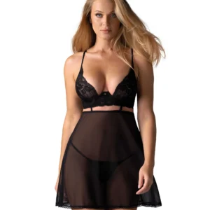 czarna babydoll stringi koronkowa przezroczysta fiszbinowa usztywnione miseczki regulowane ramiączka zapięcie haftkowe miękkie tkaniny srebrny wisiorek poliamid elastan bez niklu