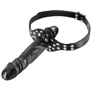 czarny knebel fetyszowy podwójny dildo zewnętrzne wewnętrzne ozdobny srebrne nity regulowany 45 60 cm 130mm 50mm 30mm termoplastyczny