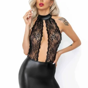 krótka sukienka koronkowa elastyczny wetlook powerwetlook gorsetowy biust prześwitujący dekolt przednie rozcięcie odkryte plecy boczne rozcięcia dopasowana kobieca seksowna wieczorowa