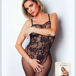 Czarny bodystocking siateczkowy kwiatowy nadruk cienkie ramiączka otwarty krok elastyczny materiał miękki dopasowujący sylwetkę seksowny transparentny komfortowy modelujący przezroczysty