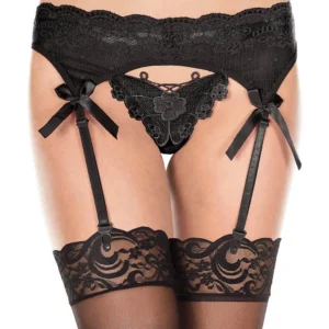 elegancki seksowny subtelny pas pończoch zintegrowany stringi motylkowy satynowy kokardki regulowany paski nylonowy elastanowy elastyczny delikatny