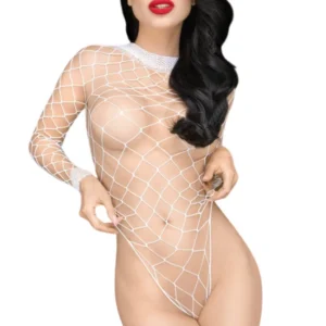 białe body szeroka ażurowa siatka elastyczny materiał podkreślający krągłości otwarty krok długie rękawy kolekcja Penthouse nylon elastan seksowne