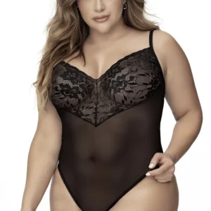 body duży rozmiar czarne koronkowe kwiatowe siateczkowe przezroczyste romantyczne eleganckie seksowne regulowane ramiączka zapięcie krokowe komfortowe elastyczne poliamidowe elastanowe