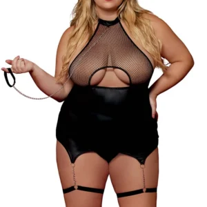 Czarne body BDSM, duży rozmiar, z siateczki z gorsetem / pasem do pończoch, z imitacji skóry, zintegrowane - DG13295XBLK