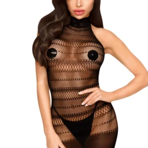Seksowna Mini Sukienka Czarna Penthouse Okrągły Dekolt Odkryte Plecy Przezroczyste Wstawki Dopasowane Stringi Elastyczny Nylon Elastan Rozmiary S L