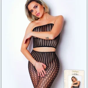 Dwuczęściowy Zestaw Siateczkowy Ażurowy Miękki Bardzo Elastyczny Przezroczysty Gorsetowy Podkreślający Biust Wysoki Stan Modelujący Talia Biodra Odsłaniający Krągłości Poliamidowy Elastanowy