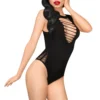 Czarne półprzezroczyste body fantazyjne głęboki dekolt paski między piersiami otwarty krok stringowy styl kolekcja Penthouse nylon elastan elastyczne