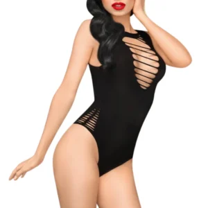 Czarne półprzezroczyste body fantazyjne głęboki dekolt paski między piersiami otwarty krok stringowy styl kolekcja Penthouse nylon elastan elastyczne