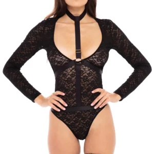 czarne koronkowe body długie rękawy regulowana uprząż dopasowująca sylwetka czarne podwiązki elastyczne wytrzymałe nylon elastan miękkie seksowne eleganckie