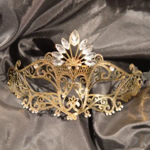 sztywna złota maska wenecka cyrkonie metalowa wiązaniami elegancka ekskluzywna ozdobna karnawałowa teatralna wieczorowa zmysłowa ręcznie wykonana trwała lekka komfortowa