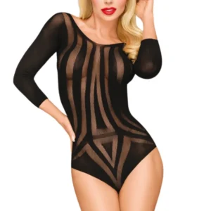 czarne body siateczkowe delikatne rękaw trzy czwarte naprzemienne pasy kryjące przezroczyste głębokie plecy krokowy otwór nylon elastan modelujący kuszące seksowne