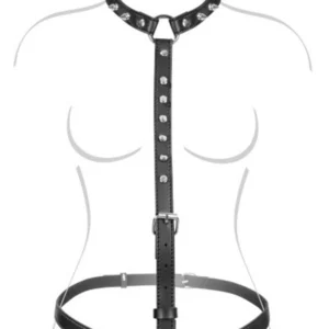 FetishTentation ekoskóra uprząż biust regulowana szyja 32cm 40cm regulowany obwód biustu 55cm 81cm regulowana wysokość 28cm 42cm ćwieki klamra cynkowa