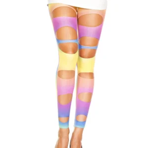 Legginsy tęczowe ażurowe seksowne dopasowane nylonowe elastyczne kolorowe modne ozdobione dużymi otworami festiwalowe letnie komfortowe przyciągające