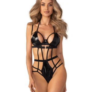 Keira Lise czarne body imitacja lateksu mokry wygląd pikantne uwodzicielskie fiszbiny wsparcie biustu regulowane ramiączka podwójne biodrach metalowe łączniki