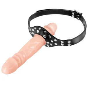 podwójny knebel dildo cielisty fetyszystyczny ozdobny srebrne nity realistyczne zewnętrzne wewnętrzne regulowany elastyczny termoplastyczny poliuretanowy metalowy bezftalanów hipoalergiczny