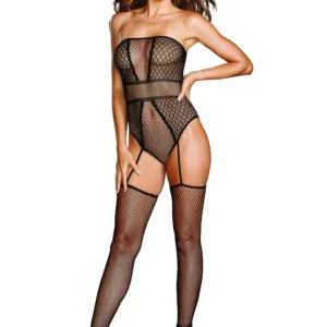 fantazyjny bodystocking siateczkowy seksowny erotyczny wbudowany pasy pończochy elastyczny nylonowy elastanowy dopasowany delikatny przezroczysty czarny kuszący