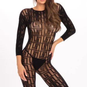 czarny bodystocking siateczkowy cienka geometryczny wzór długie rękawy długość połowy uda sportowy przylegający elastyczny nylonowy elastanowy seksowny elegancki