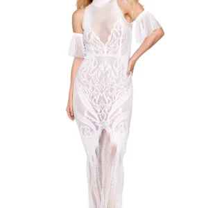 biała sukienka bodystocking bezszwowa koronkowa niestandardowy wzór siateczkowe wstawki szeroki dekolt odpinane luźne rękawy elastyczny nylon elastan