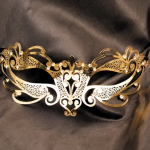 sztywna złota wenecka maska Gaia cyrkonie metalowa ozdobna elegancka luksusowa wysokiej jakości wieczorowa karnawałowa teatralna wiązana regulowana