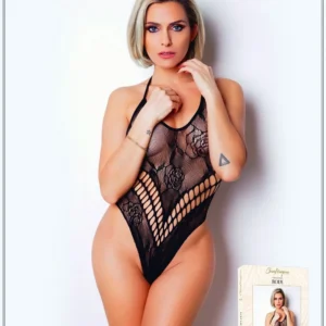 czarne seksowne body string siateczkowe półprzezroczyste koronka podkreślające biust odkryte plecy wycięcie brzucha elastyczne dopasowujące poliamidowe elastanowe