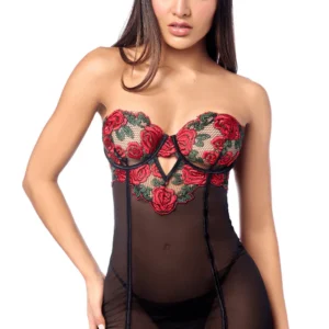 Seksowny babydoll fiszbinami haftowany różany przezroczysta siateczka sznurowany tył odpinane ramiączka dopasowane stringi satynowa wstążka elegancki zmysłowy ponadczasowy