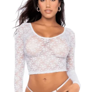 Biały koronkowy kwiatowy delikatny elastyczny dwuczęściowy zestaw krótki top długorękawowy przezroczysty dopasowane stringi seksowne eleganckie uniwersalny