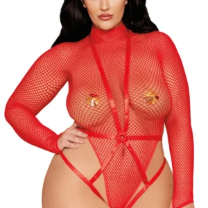 czerwone body duże rozmiary siateczkowe długie rękawy regulowana uprząż dwuczęściowe elastyczne nylon elastan seksowne zmysłowe dopasowane