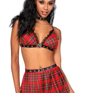 seksowny kostium uczennicy biustonosz czerwono czarna krata koronkowa falbanka skórzane wykończenia oczka regulowane ramiączka plisowana mini spódniczka pasek klamra choker