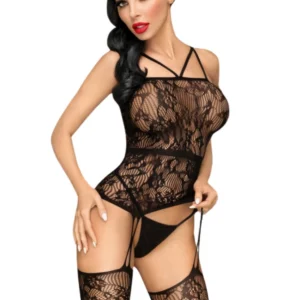 czarny siateczkowy kombinezon erotyczny kwiatowy nadruk cienkie ramiączka krzyżujące plecy imitacja pończoch pas modelujący sylwetkę rozciągliwy materiał nylon elastan seksowny