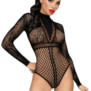 czarne body długie rękawy siateczka przezroczysta koronka śmiały uwodzicielski okrągły dekolt falbanka otwarty krok elastyczny materiał nylon elastan dopasowane wieczorowe