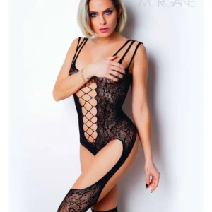 bodystocking koronkowy czarny elegancki seksowny ażurowy brzuch potrójne ramiączka zamknięty krok pończochy podwiązki glamourowy miękki elastyczny dopasowujący uniwersalny rozmiar