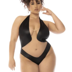 Body damskie duże rozmiary czarne cieliste przezroczysta siateczka efekt skóry modelujące halter regulowane zapięcie krok poliester elastan poliamid
