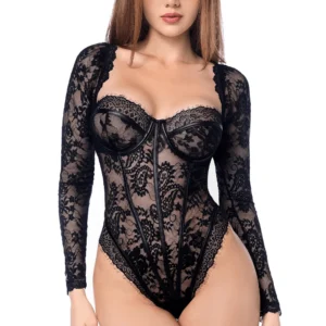 seksowne body długie rękawy fiszbiny gotycka koronka imitacja skóry zapięcie haftki krok komfortowy konstrukcja modelująca krzywizny prowokujące eleganckie Mapalé kolumbijski