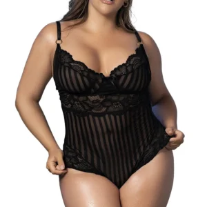 czarne koronkowe body prążkowane siateczkowe zmysłowe eleganckie modelujące dopasowane duże rozmiary regulowane ramiączka tylne zapięcie haczykiem
