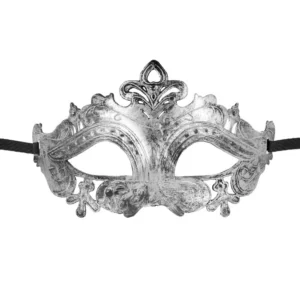 srebrna maska Hamlet satynowa wstążka wiązana lśniąca metaliczna elegancka tajemnicza zmysłowa kostiumowa karnawałowa wieczorowa lekka regulowana