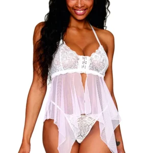 babydoll stringi siateczkowe koronkowe białe przezroczyste delikatne eleganckie kobiece seksowne kuszące elastyczne lekkie miękkie oddychające zmysłowe