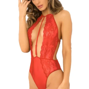 Czerwone koronkowe siateczkowe body stringowe głębokie wycięcie dekoltu regulowana centralna ozdoba elastyczne materiał poliester elastan seksowne kobiece eleganckie