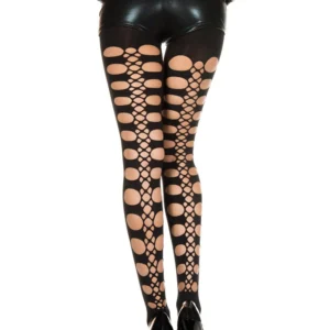 Seksowne Czarne Rajstopy Legginsy Modelujące Mocno Kryjące Dopasowane Elastyczne Geometryczne Otwory Różnych Rozmiarów Efekt Sznurowania Tylnej Nogi Nylon Elastan