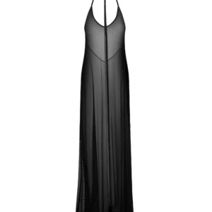 długa czarna szata elegancka minimalistyczna nowoczesna uwodzicielska trójkątny dekolt regulowany choker ultralekka przezroczysta materiał luksusowy miękki elastyczny panelowa