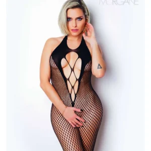 eleganckie czarne body siateczkowe krzyżujące paski odsłaniające plecy biust przezroczyste elastyczne dopasowujące przylegające zapinane szyja uniwersalny rozmiar