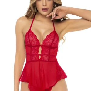 czerwone body babydoll zmysłowe wiązania pleców sznurowanie szyi dopasowane stringi zestaw nylonowe elastyczne komfortowe lekkie