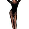 czarny bodystocking siateczkowy delikatny efekt body długi rękawy otwory kciukowe kryjące nogawki elastyczne sznurowanie nylon spandex seksowny bielizna