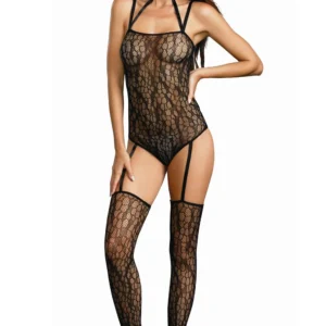 Seksowny bodystocking siatkowy dopasowany elastyczny wężowy wzór paski podwiązki pończochy regulowane zapięcie zatrzaskowe nylonowy elastanowy czarny
